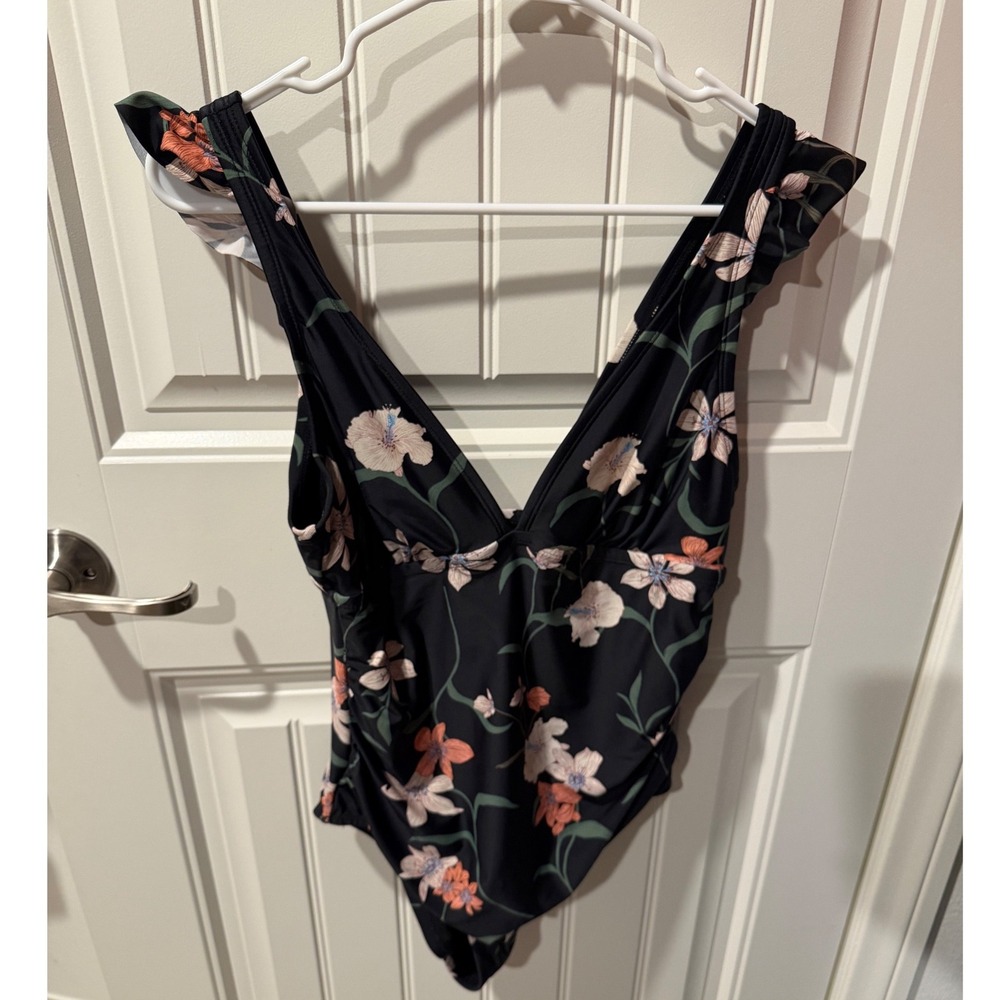Shade & Shore Black Floral Ruffle One Piece Swimsuit V-Neck Large Tummy Contol